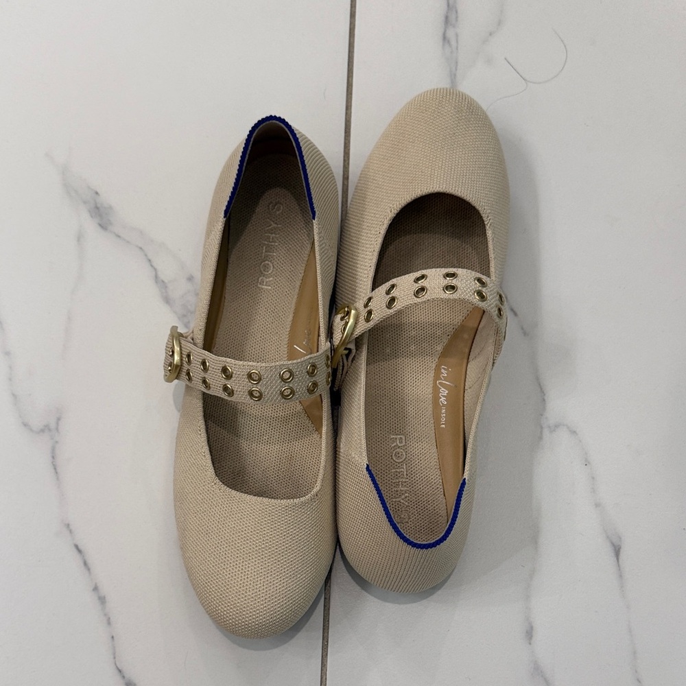 Rothy's Beige Mary Jane Flats with Gold Stud Strap and Blue Trim